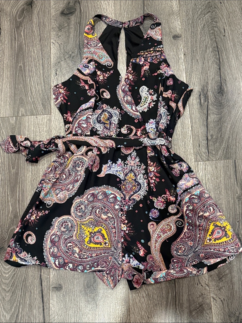 Express Black Paisley Halter Romper with Belt - Elegant Casual Night or Day